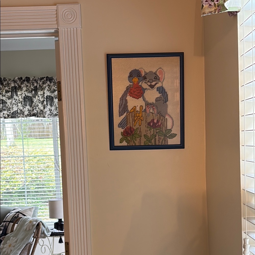 Charming Animal Bird & Mouse Needlepoint Framed Picture Nursery Kids Vintage - Picture 4 of 16